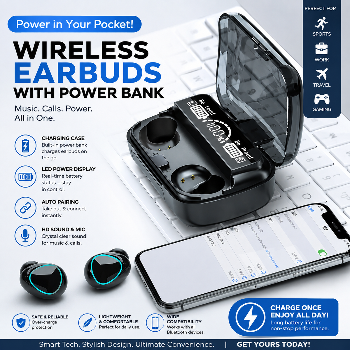 Wireless Bluetooth Earbuds with Power Bank Charging Case & LED Display