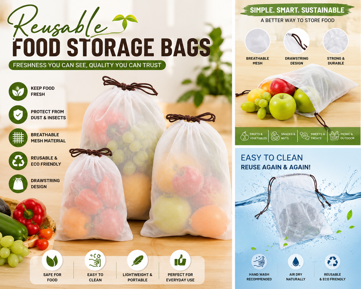 Reusable Food Storage Bags – Drawstring Mesh Covers for Fruits & Vegetables