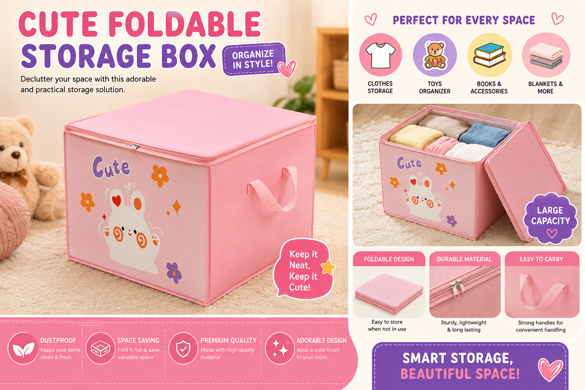 Cute Foldable Storage Box with Lid – Large Capacity Clothes & Toy Organizer