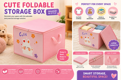 Cute Foldable Storage Box with Lid – Large Capacity Clothes & Toy Organizer